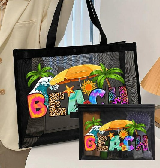 Mesh Beach Bag With "Salty Beach" Summer Print, Including Shopping Tote, Beach Bag, Hawaii Style Transparent Pouch,