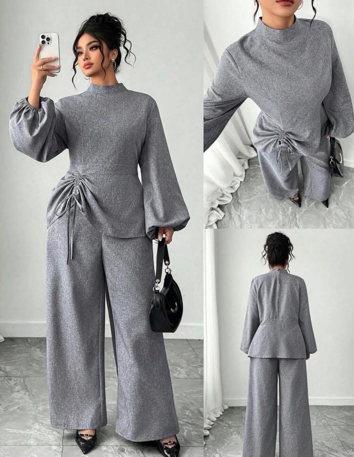 Two Piece Set Plus Size Women's Elegant Grey ,Autumn Everyday Wide Leg Pants Set,Stand Collar Ruched Top & Drawstring Fabric Suit For Office Party Fall