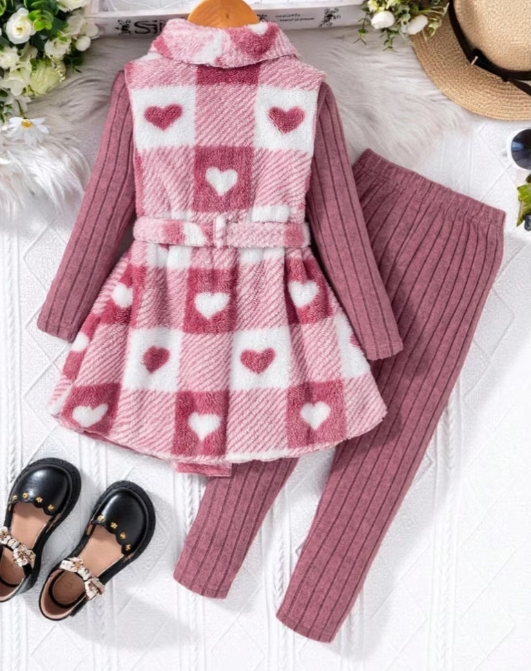 Girls' Fall Winter 3pcs Sweet Pink White Checkered Heart Plush Vest, Long Sleeve Top And Skinny Pants Outfit, for Outdoor