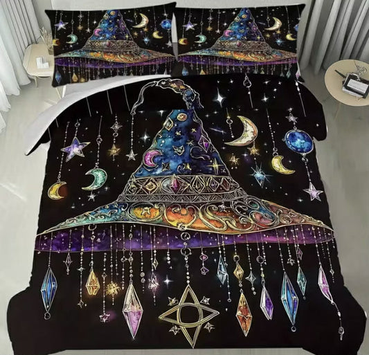 Duvet Cover Set Featuring a Magical Scene with Witch Hats And Crystal Gemstones,