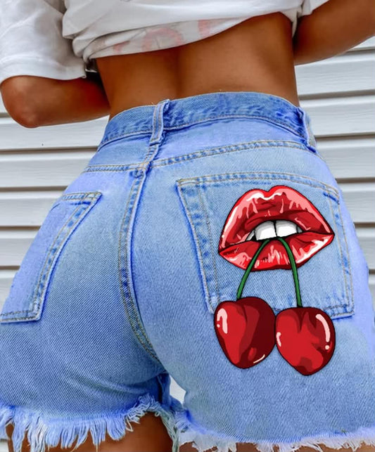 High-Waist Denim Shorts for Women Spring/Summer Trendy Solid Color Straight-Leg with Versatile Back Pocket & Lip Cherry Print Design