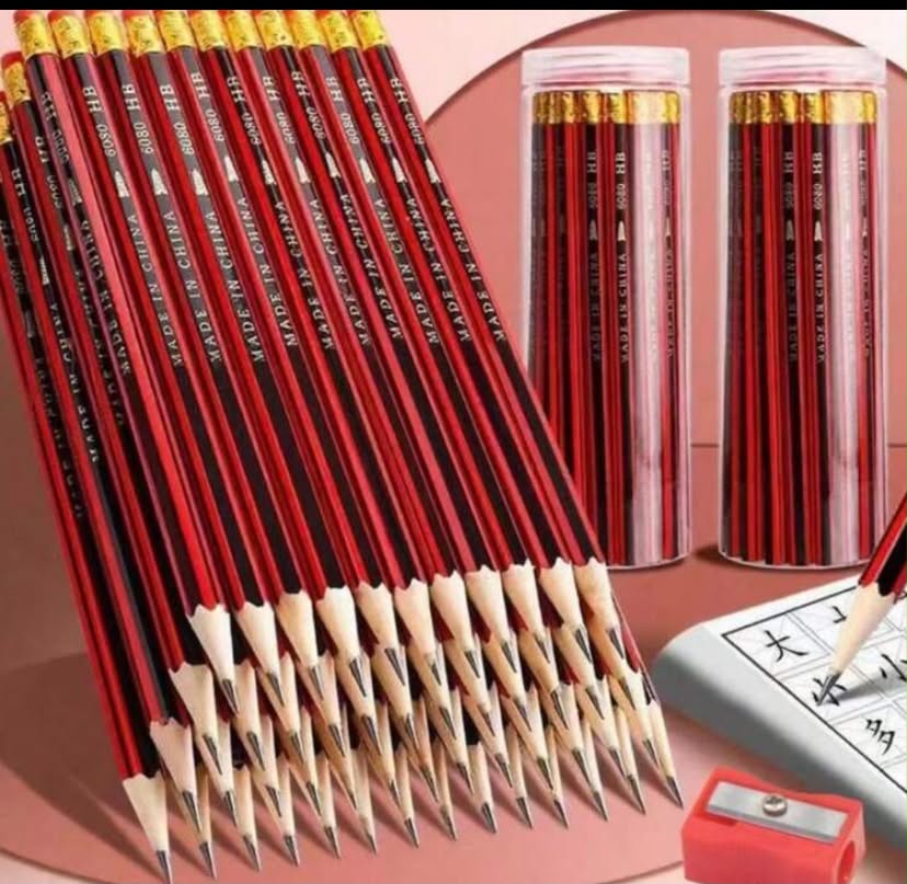 50 pcs Bright Color Log Pencil With EraseEraser strip Comes With A Pencil Sharpener Perfect For Writing, Drawing, Sketching And Painting Red And Black Stripe