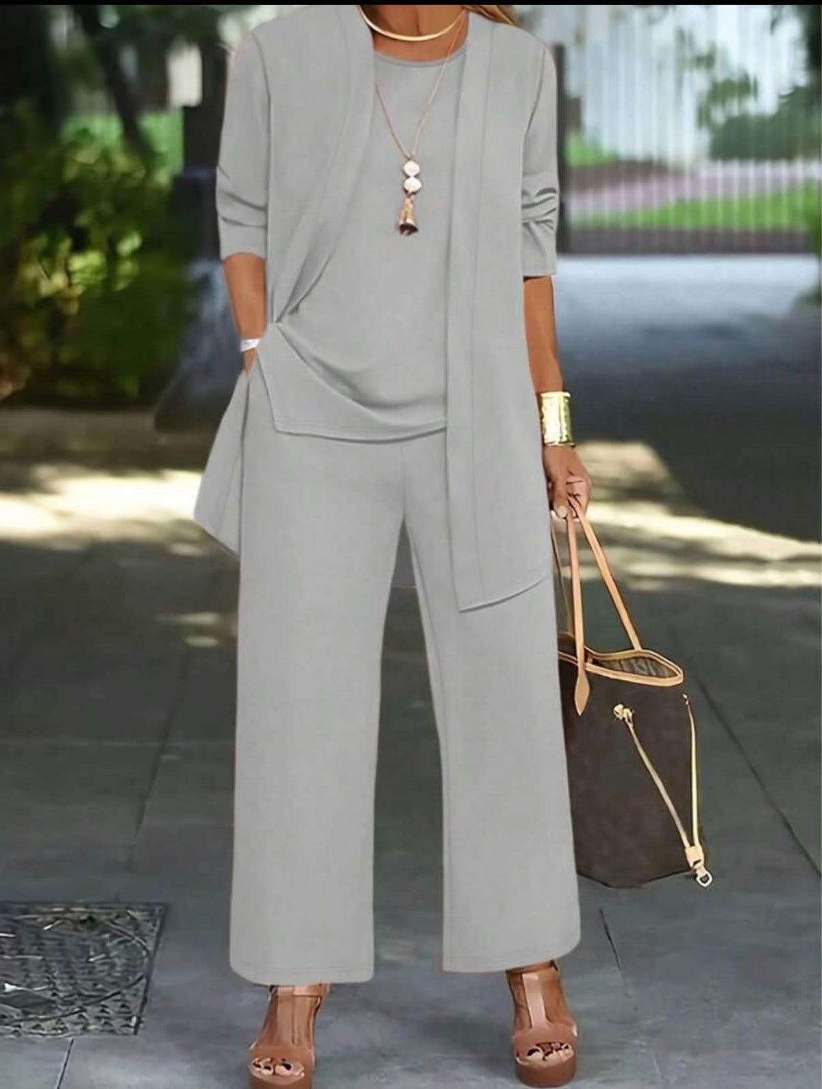 3pcs Women Casual Solid Color Outfit Set: Jacket/Cardigan + Round Neck Sleeveless Top + Elastic Waist Straight Leg Pants Elegant