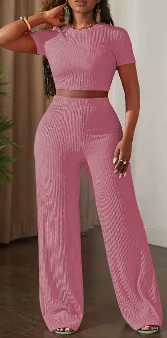 New Solid Color Short-Sleeve Top And Wide-Leg Pants Casual Outfi
