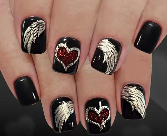 24 pcs Short Bright Face Square Armor Valentine'S Day Black Bottom Silvery Wing Hand-Painted Red Flash Love Decoration Nail Art Patch Diablo Angel Wind Sweet Cool Wear Armor Street Dating White Removable Jelly Glue Sanding Strip