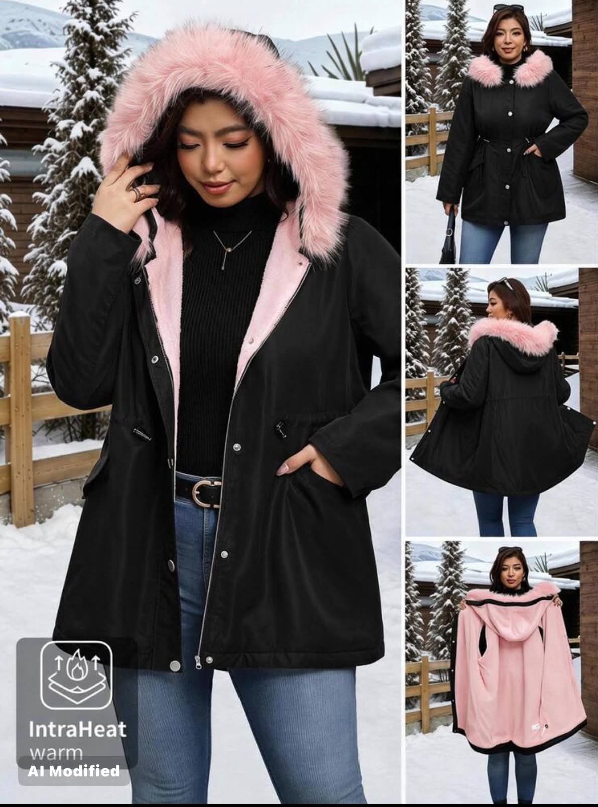 Plus Size Autumn/Winter Thermal Lined Thick Fur Collar Hooded Jacket