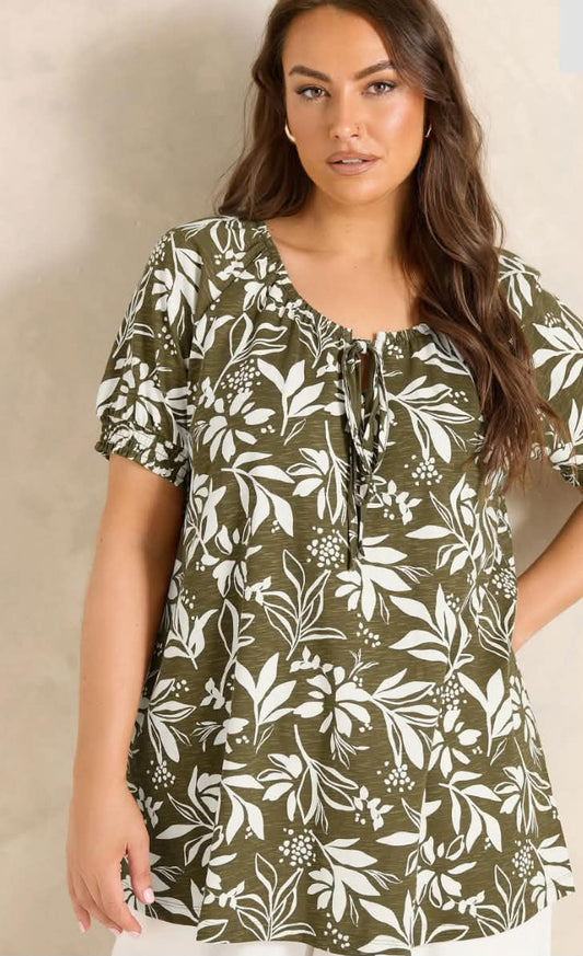 Curve Green Khaki Leaf Print Cotton Top