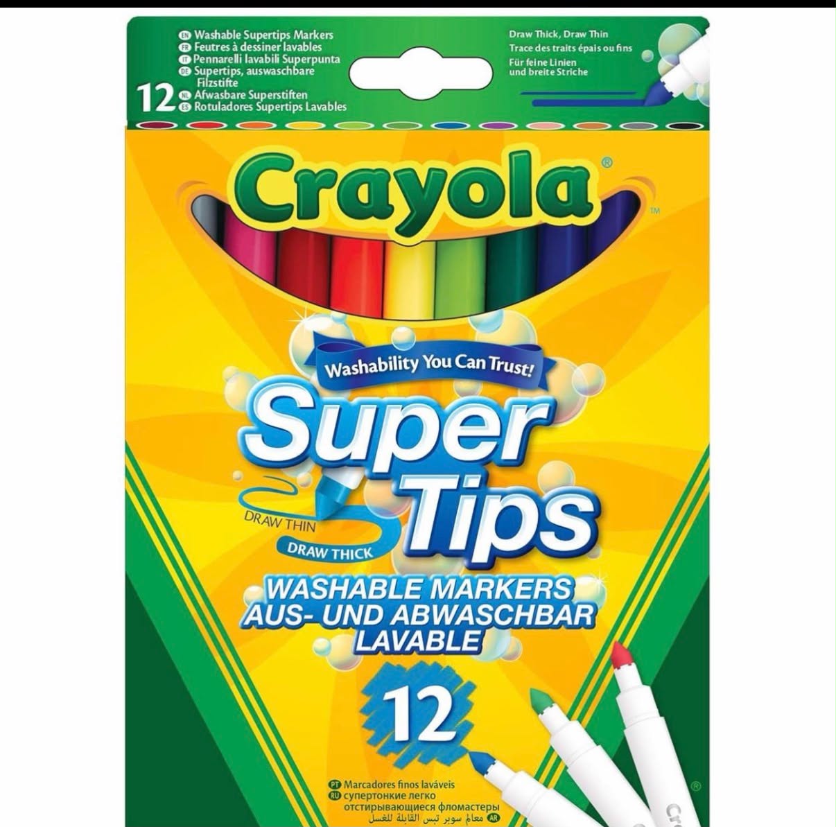 CRAYOLA SuperTips Washable Markers - Assorted Colours (Pack of 12) Premium Felt Tip Pens That Can Easily Wash Off