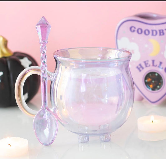 PURPLE DOUBLE WALLED GLASS CAULDRON MUG WITH SPOON