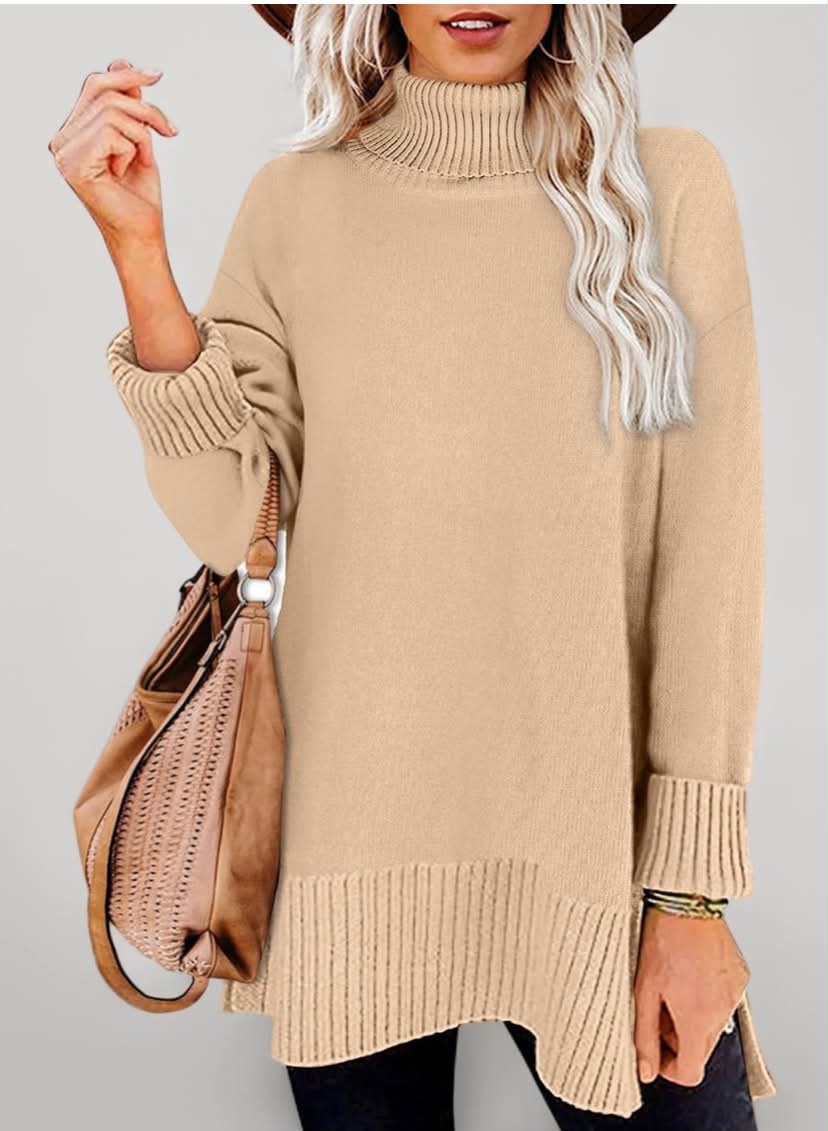 Women Jumper Turtle Neck Tops for Ladies Ribbed Sweater Split Tunic