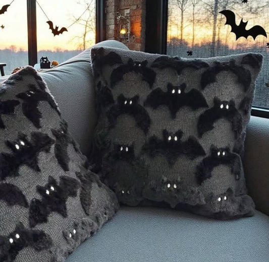 2 pc 3D Plush Bat Throw Pillow Cover, Gothic Dark Halloween Witch Theme Decorative Cushion Case, 18" X 18",