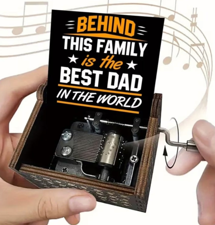 1 pc Best Dad In The World Wooden Hand-Cranked Music Box - Vintage Pine Wood Engraved "Behind This Family" Quote with Musical Notes, No Electricity Needed,
