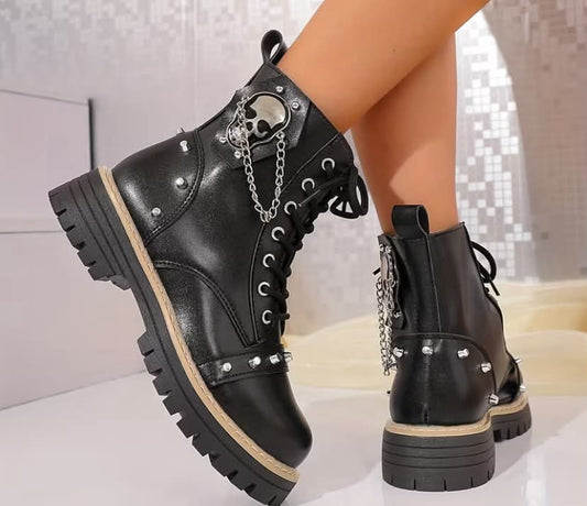 Western Combat Boots for Women, Plus Size, European/American Punk Style, Streetwear, Platform Sole with Studs, Round Toe, Lace-Up Ankle Boots, Women Shoes