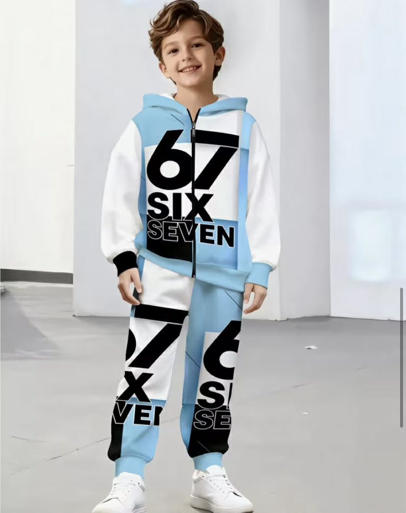 Zipper Shirt And Pants Set Pink White Trendy Cool Number 67 Set Color Contrasting Letter Printed Hooded Sweatshirt And Pants Two Piece Set, for Outdoor
