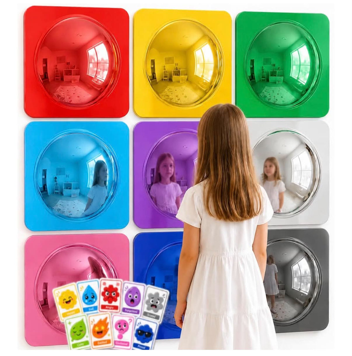 9 Pack Bubble Convex Mirror Panels with 9Pcs Mood Cards, Sensory Wall Toys for Autism, Visual Perception Training Acrylic Sensory Equipment, 10x10in Calming Corner Items for Kids