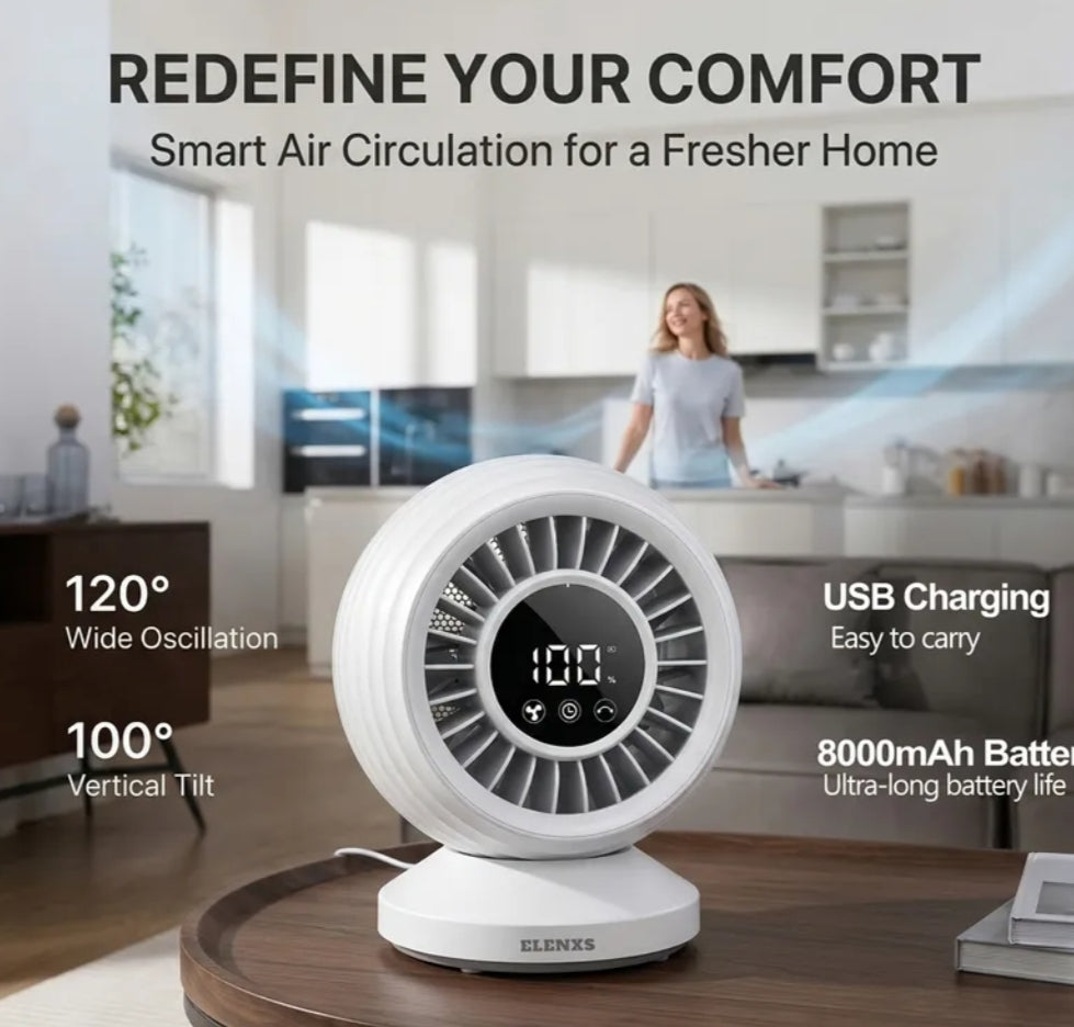 ELENXS Compact Air Circulator Desk Fan, Silent Low DB Electric Cooling Fans, Turbo Airflow Blades, High Definition Smart Digital Display, 100° Rotation, 8000Mah Extended Battery Life, 10-Hour Timer & 8 Speed Settings, Ideal for Bedrooms