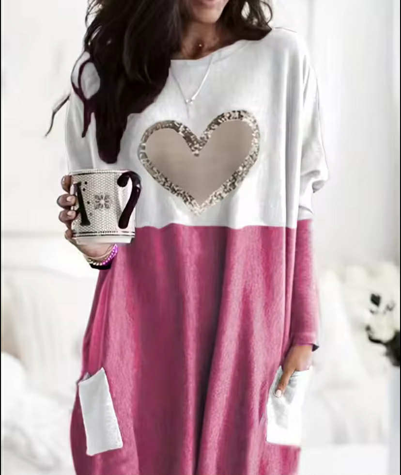 Love Printed Round Neck Loose Color Contrast Long Sleeve T-Shirt Women