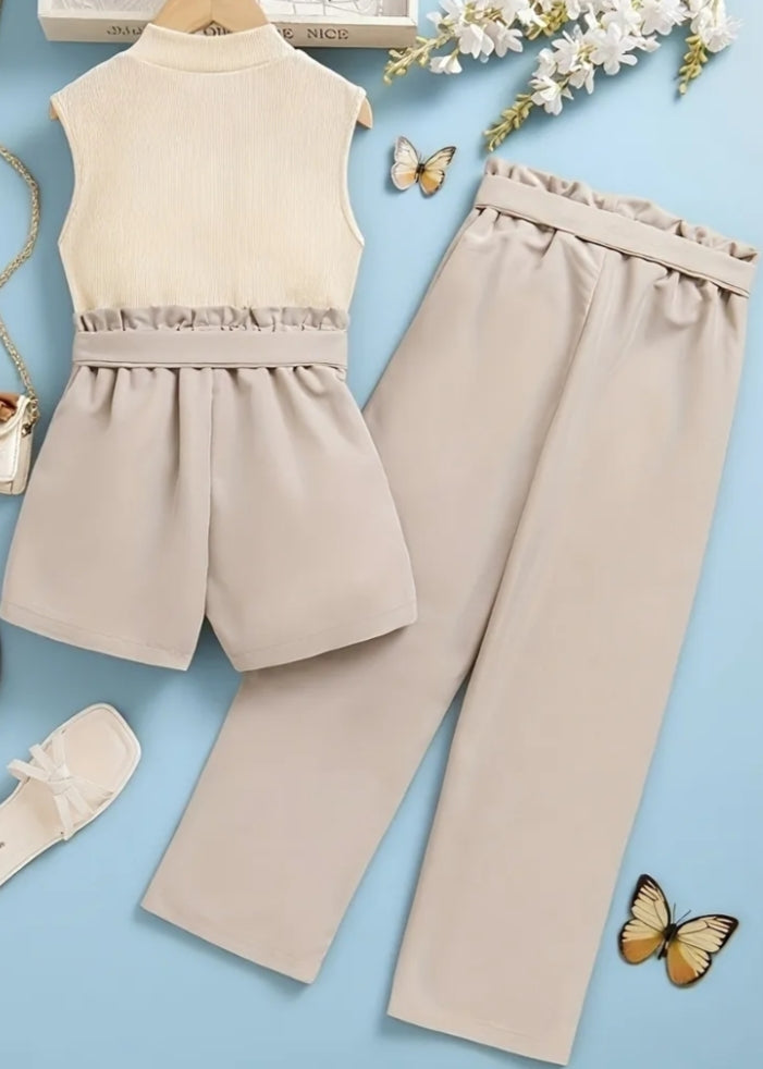 Girls' Summer/Autumn Set: Sleeveless High-Neck Top + Bow High-Waist Shorts/Pants, Sweet and Fresh Three-Piece Outfit,