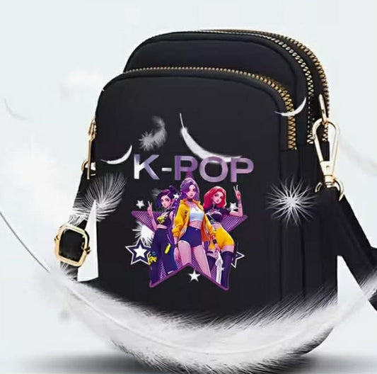 K-POP Cartoon Print Women'S Crossbody Bag  Golden Zipper, Lightweight Casual Messenger Bag with Dual Zippers, Designed for K-POP Fans and Women,