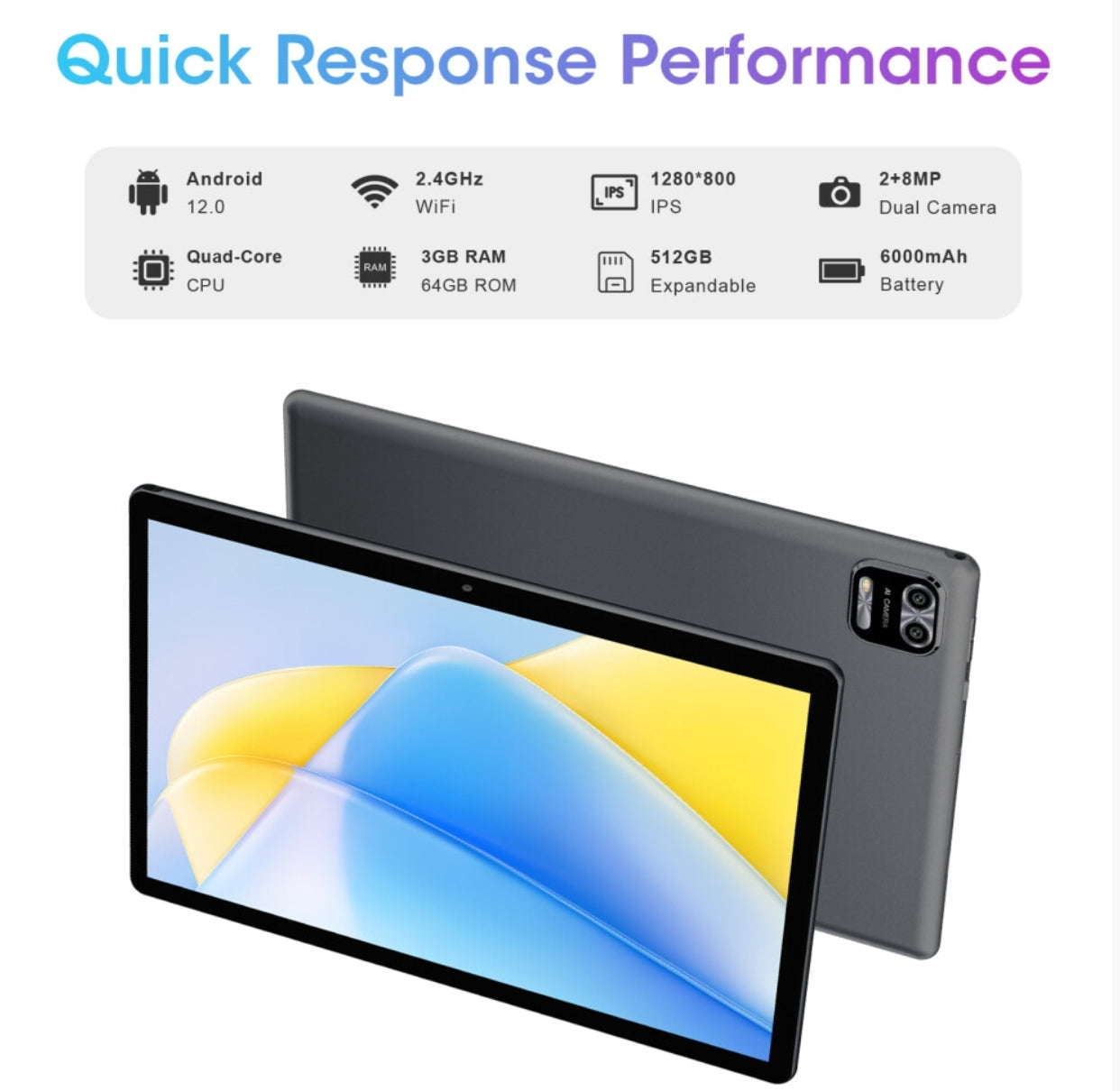 12 Tablet 10 inch Quad-Core Processor 3GB RAM 64GB ROM 1280x800 IPS Display Tablet with 2+8MP Camera WiFi Bluetooth 6000mAh (Android)
