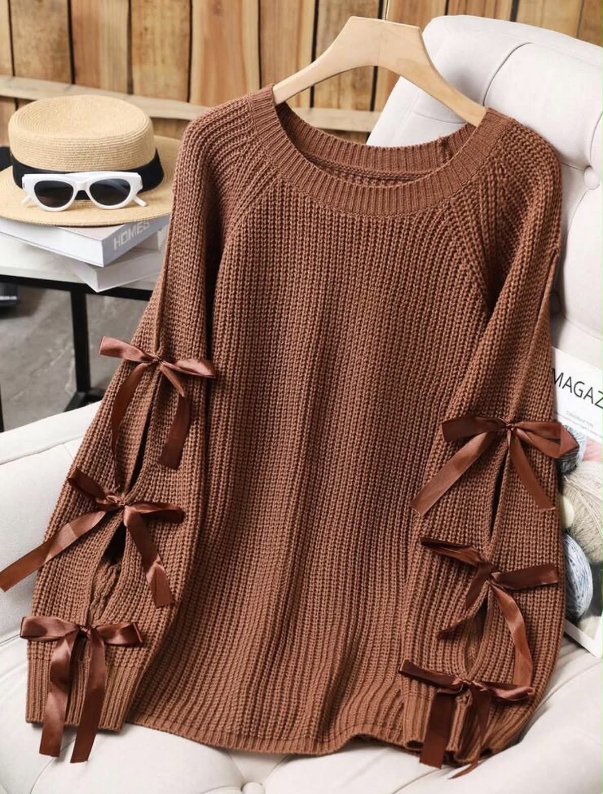 Plus Size Casual Round Neck Bowknot Contrast Color Knit Pullover Sweater