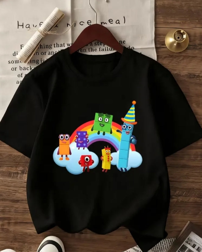 Numberblos Cartoon Character Birthday Party Themed Print Tee with Rainbow Cloud Background, Cute Block-Shaped