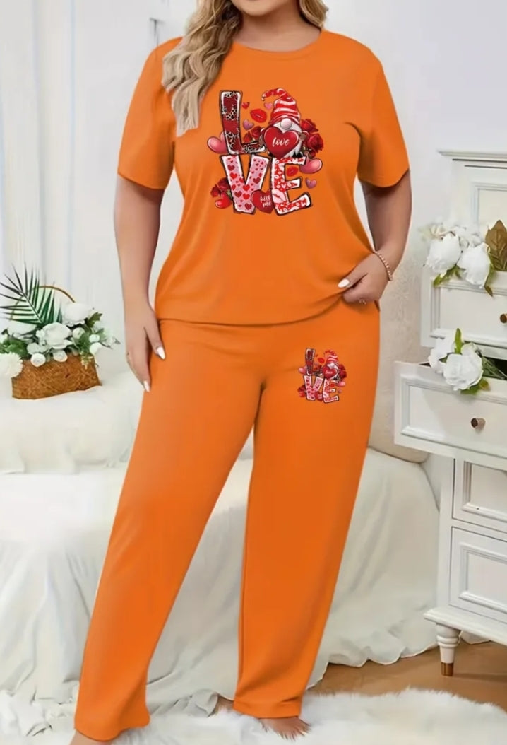Two-Piece Set Women'S Plus Size Stylish Printed Short-Sleeve Casual Pocket Wide-Leg Pants ,