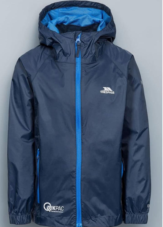 Trespass Kids Jacket Qikpac - Waterproof, Breathable, School Raincoat, 2 Zip Pockets, Full Zip,