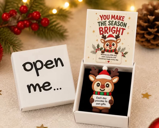 Open Me Christmas Themed Gift Box, YOU MAKE THE SEASON BRIGHT Reindeer Themed Card with Holiday Styling Additions,