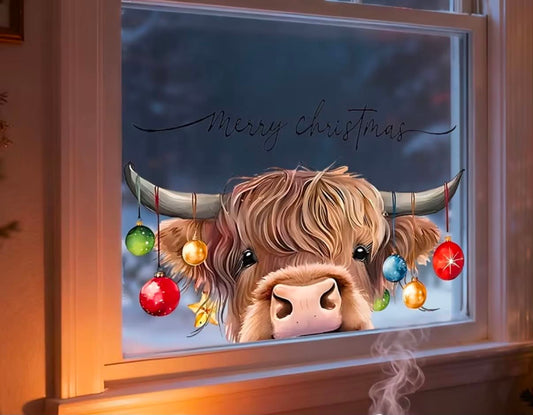 1pc Adorable Christmas Animal Window Sticker, Cute Yak with Gazing Expression, String Lights Hanging from Horns,