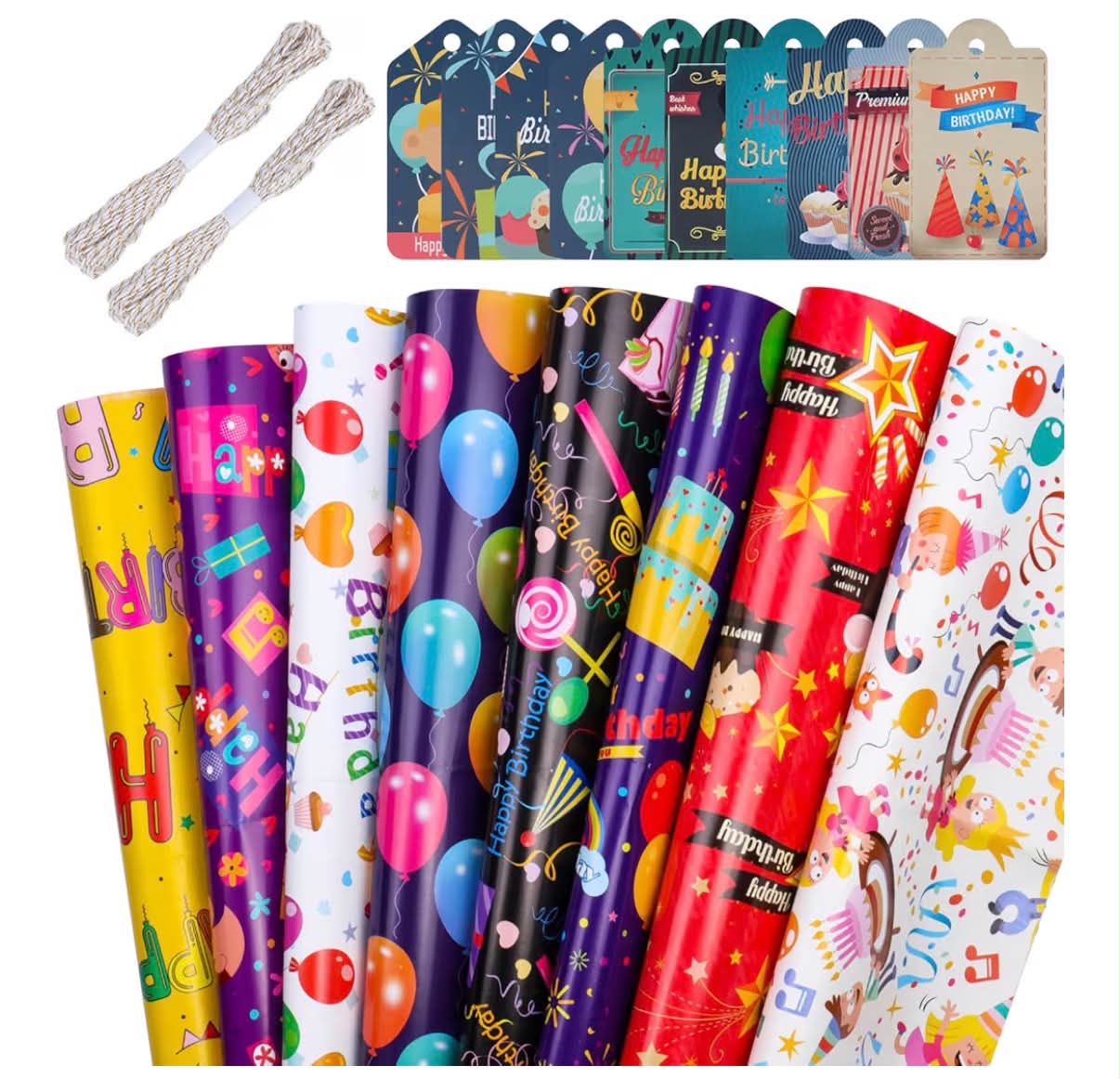 20PCS Wrapping Paper, 8 Sheets Colourful Birthday Wrapping Paper with 10 Gift Tags, 2 Rope, Recyclable Gift  (70 X 50cm)