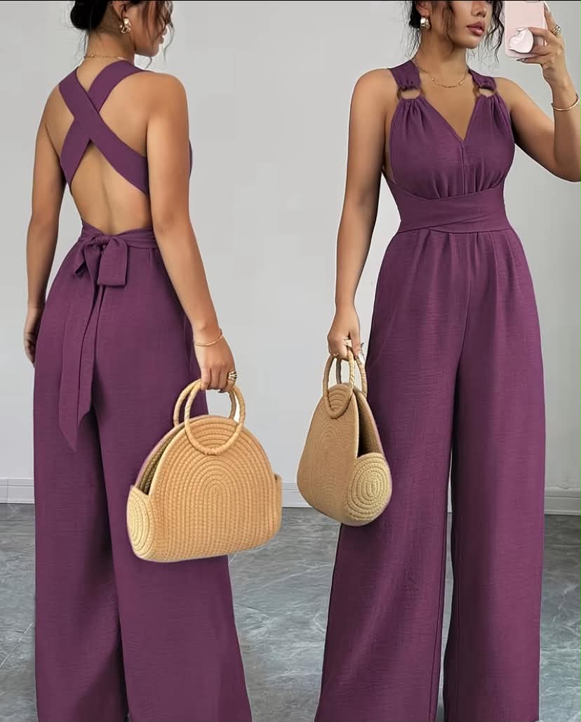 V-neck Women's Jumpsuit  Crisscross Waist Ties, Slit Back, Wide-leg Pants