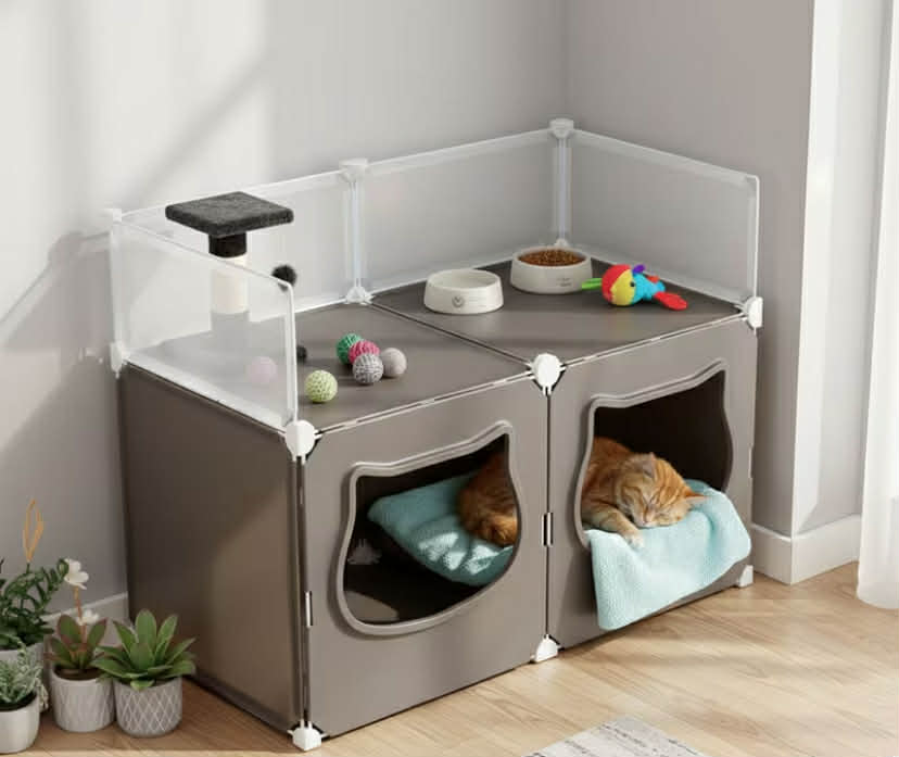 Cat House Indoor Cat Cages Large Cat House with Cat Fence Panels Cat Kennels Semi-Closed Cat Condos for Indoor Pets Cats 72x36.5x52.5cm Gray