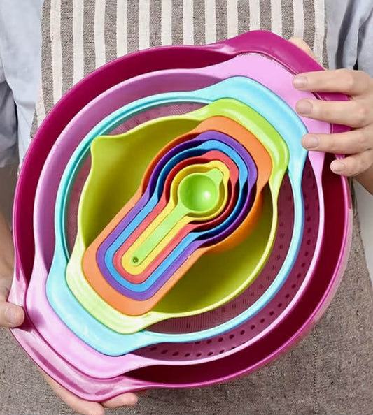 10 pcs Colorful Mixing Bowl Set - Nesting Design with Measuring Cups & Spoons for Baking And Salad Preparation - Sturdy Kitchen Tools, Colander Sifter - Essential for Versatile Cooking
