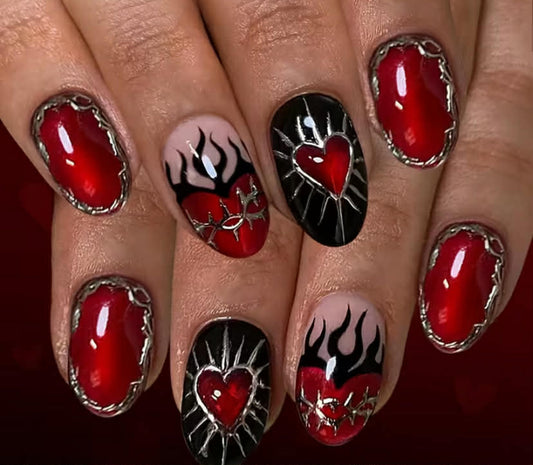 24 pcs Short Oval Nail Patches Compatible for Hand-Painted Gel & Sanding Strips - Red/Black Contrast Gothic Sweet Short Nails with Heart & Flame Designs, Removable Armor Wear, Valentine's Day Nail Art (24 Count)