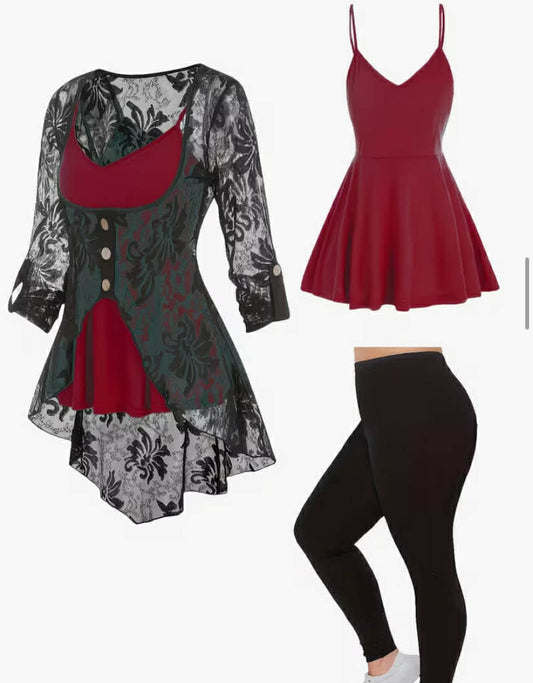 Three-Piece Set for Women in Plus Sizes, Featuring a Lace Embroidered Overlay with Faux Buttons, a Solid Color Camisole, And Long Pants, Perfect for Spring