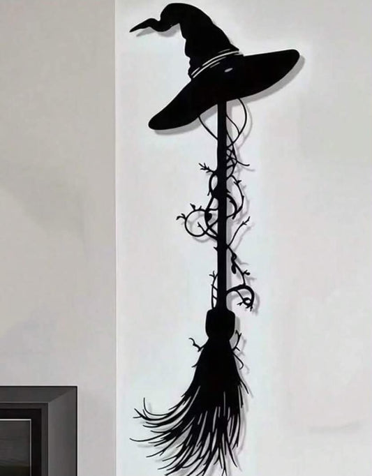 1 pc Vintage Witch Broom With Hat Metal Wall Decor, Black Halloween Iron Art Craft,