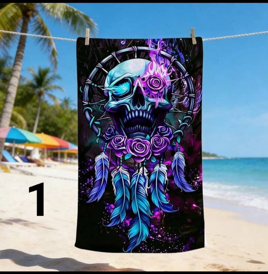1 pc Vintage Gothic Skull Rose Print Beach Towel, Quick-Dry & Anti-Sand Lightweight, Machine Washable
