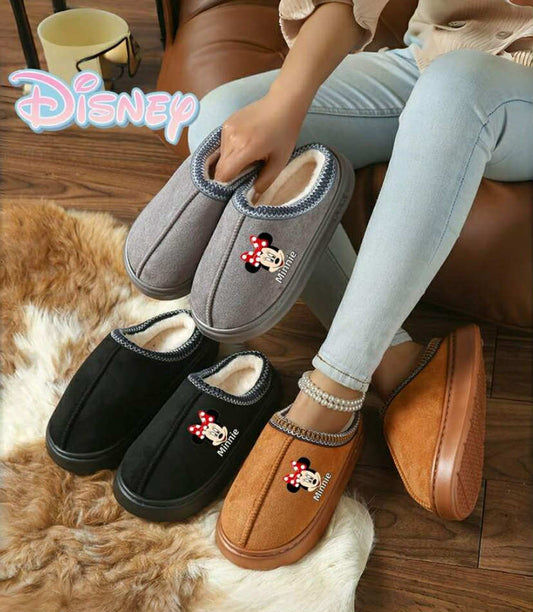 Minnie Mouse Plush Slippers - Soft Faux Fur Indoor House Shoes With Anti-Slip TPR Sole