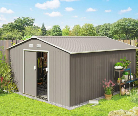 Outsunny 13 X 11ft Metal Garden Shed, Outdoor Storage Tool House With Ventilation Slots, Foundation Kit And Lockable Double Doors, Light Grey