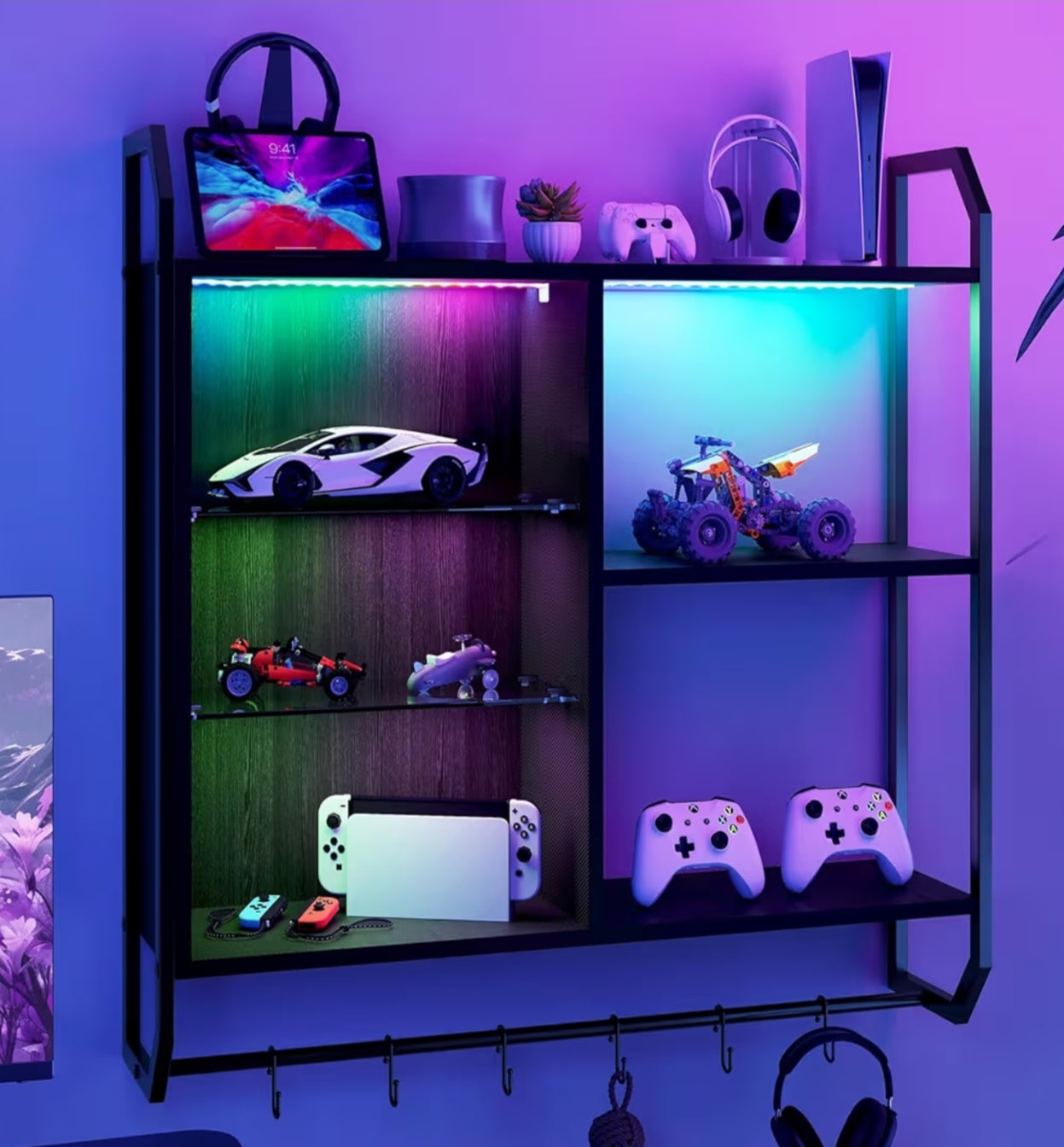 Adjustable Glass Shelf Pipe Shelves Hanging Display Rack Bookshelf with 6 S Hooks