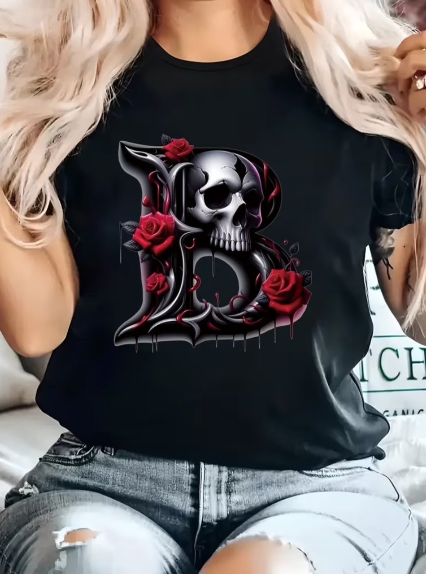 Round Neck Short Sleeve T-Shirt Women'S Casual Top with Monogram B Skeleton Roses Gothic Pattern Letter Print Regular Fit Casual Crew Neck