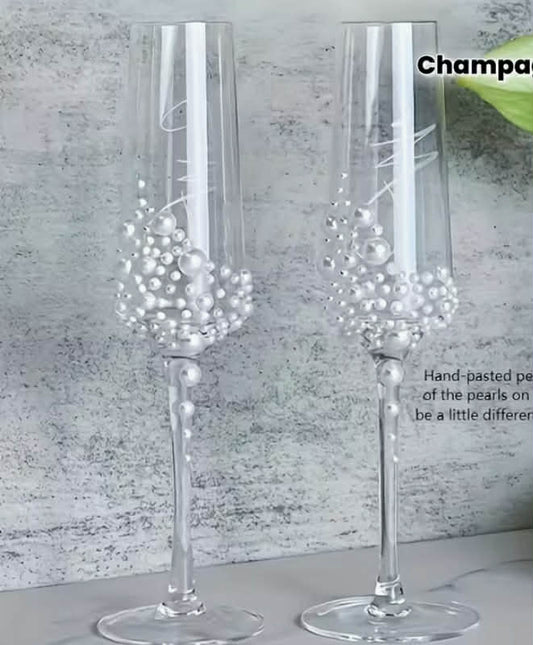 2 pcs Pearl Champagne glass High-end light luxury wedding wine glass High-end tall glass hand-set pearl crystal Champagne glass