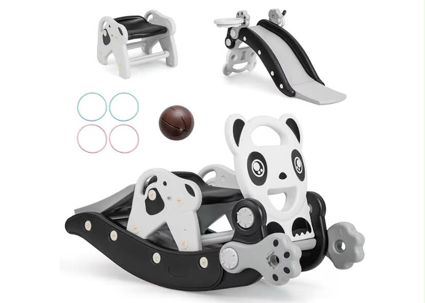 Toddler Rocking Horse and Slide, 5 in 1 Ride on Toy Kids Rocker with Basketball Hoop & Ring Toss Game, Foldable Slide Climber for Boys and Girls (Black)