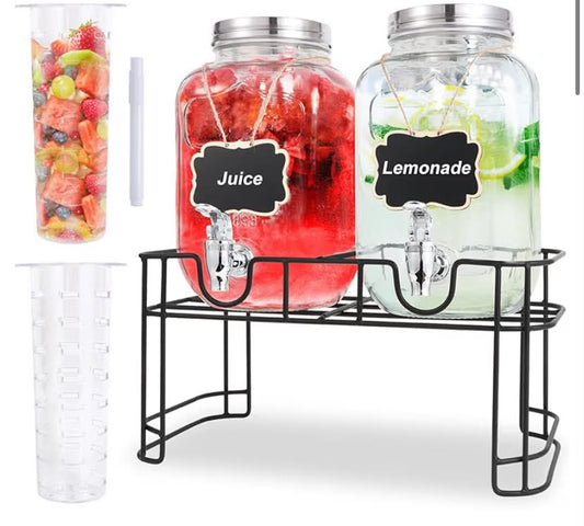 Glass Drink Dispenser with Tap, 2 x 4 Litre Drinks Dispenser with Fruit Infuser & Stand,Water Dispenser with Tap for BBQ, Picnic, Party,Beverage Dispenser,Laundry Detergent Dispenser