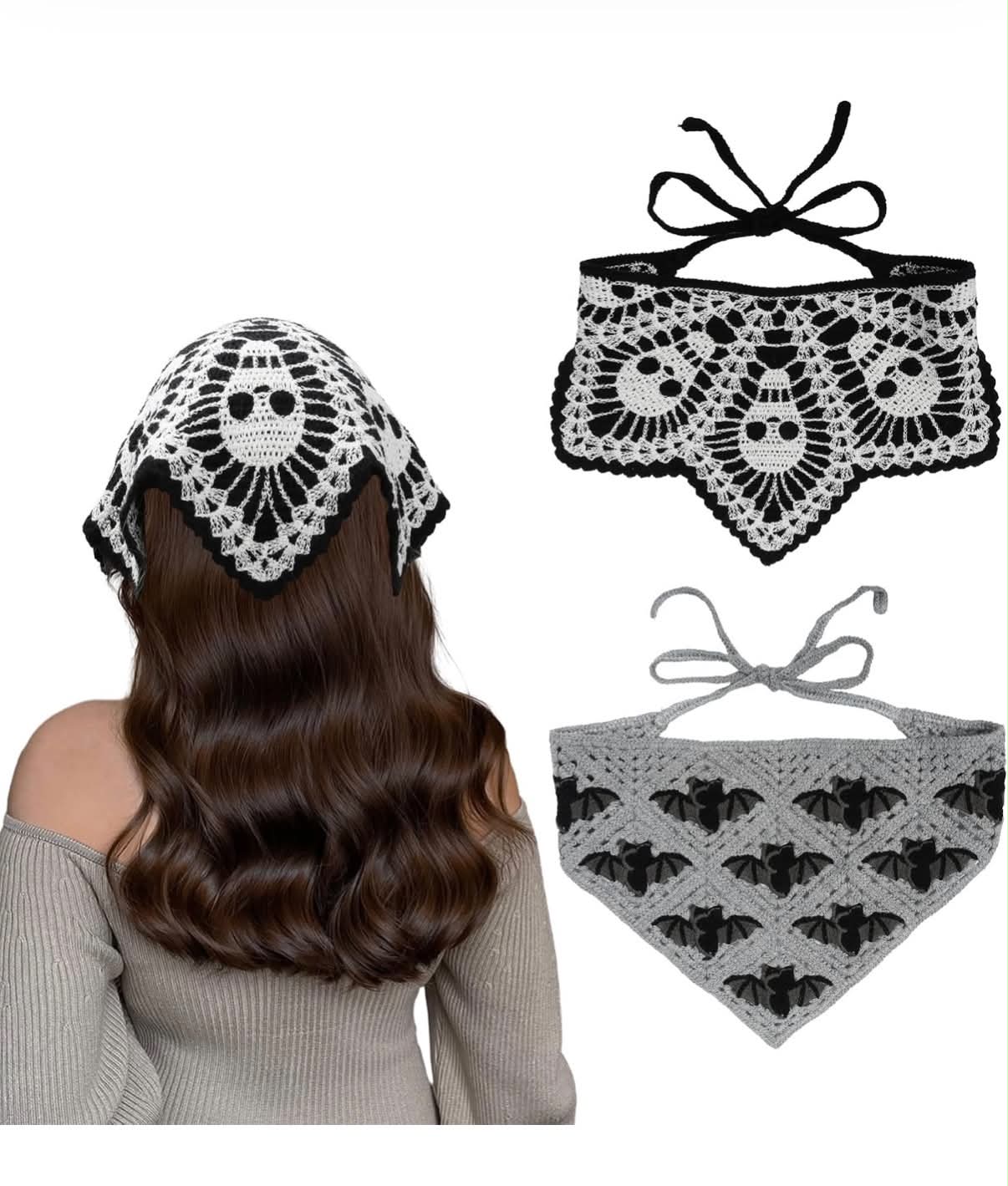 Bat Crochet Headband, Bat Pattern Gothic Crochet Bandana Halloween Hair Accessories for Women