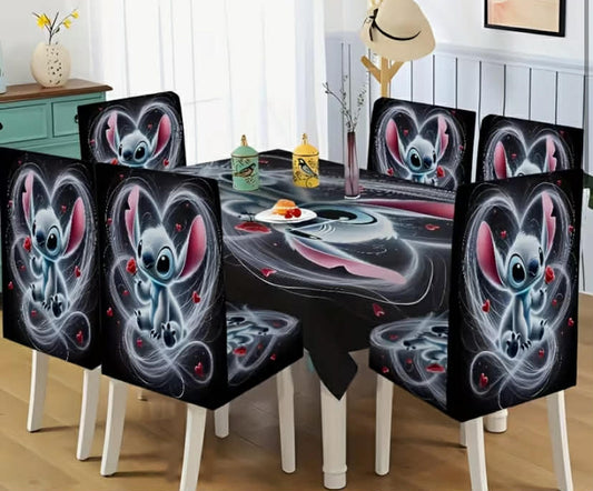 Tablecloth and Chair Cover Set (Disney Stitch Holding a Rose with Hearts,
