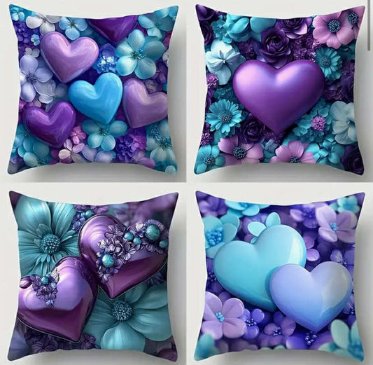 4 pcs set, sofa pillow cover, blue purple heart-shaped pattern pillowcase