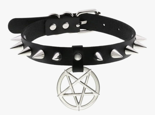 Maxton Merc Gothic Rivets PU Leather Spike Studded Punk Rock Biker Choker with Pentastar, Punk Accessory