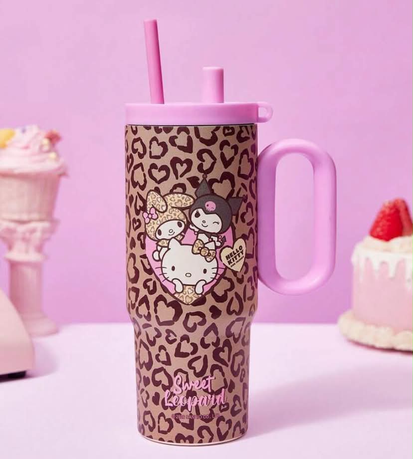 HELLO KITTY AND FRIENDS  Joivida Leopard Print & Hello Pattern 24oz Stainless Steel Tumbler, Handle & Straw Included, Leakproof & Insulated (Hot/Cold),